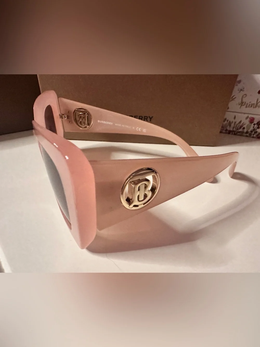 Burberry Pink Oversized Square Sunglasses Gold TB Logo NIB